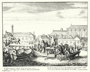 Dronning Mary, konsort av kong James II, flyktet fra England med prinsen av Wales og hele hennes hoff, desember 1688 (gravering) av German School
