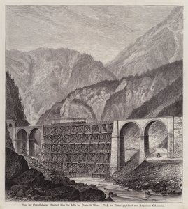 Jernbaneviadukt over elven Fella ved Ponte di Muro, Friuli, Italia (gravering) av German School