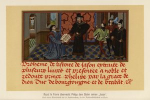 Raoul Lefèvre presenterer et manuskript av sin Histoire de Jason til Filip den gode, hertug av Burgund (fargelitografi) av German School