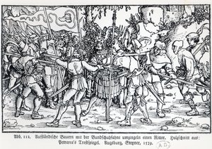 Opprørsbønder som omgir en ridder, fra en illustrasjon til Trostspiegel av Petrarch, 1539 av German School