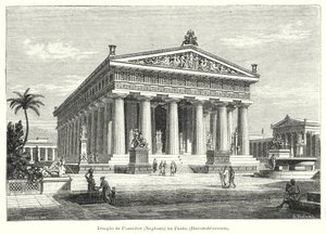 Rekonstruksjon av det antikke greske tempelet Poseidon, Paestum, Italia (litho) av German School