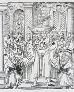 Reformatorene Martin Luther og Jan Hus administrerer nattverd (gravering) av German School