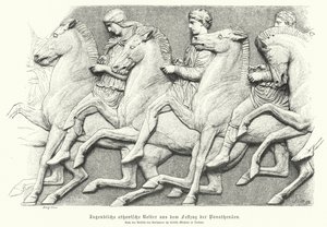 Relieff fra Parthenon-frisen som viser athenske ungdommer som rir på hester (gravering) av German School