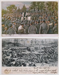 Religiøse gudstjenester på slagmarken, toppbilde som viser tyske jødiske soldater i bønn under 1. verdenskrig, under en Yom Kippur-gudstjeneste i Metz under den fransk-prøyssiske krigen i 1870 (colou