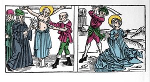 Representasjon av martyrdøden til Saint Seraphia (Serapia) (Seraphia of Syria), kristen fra det 2. århundre. Gravering fra «Leben der Heiligen - sommerteil» (Helgenens bok) av Jacobus (James) av Voragine (1228-1298). Lübeck 1488. av German School