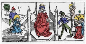 Representasjon av martyrdøden til Saint Symphorose, en kristen fra det 2. århundre, og av hennes syv sønner, under keiser Hadrians regjeringstid. Gravering fra «Leben der Heiligen - sommerteil» (Helgenens bok) av Jacobus (James) av Voragine (1228-12) av German School