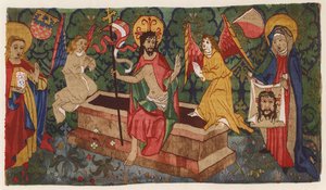 Jesu Kristi oppstandelse, billedvev på alterfronten, Aargau, Sveits, slutten av 1400-tallet (fargelitografi) av German School