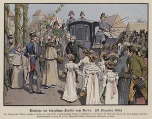 Retur av den prøyssiske kongefamilien til Berlin, 23. desember 1809 (farge litho) av German School