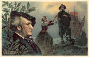 Richard Wagner og en scene fra hans opera The Flying Dutchman av German School