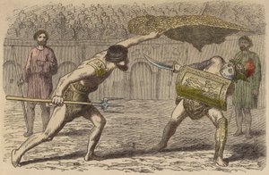 Romerske gladiatorer: en retiarius som kjemper mot en samnitt (farget gravering) av German School