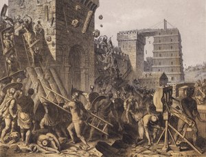 Romerske soldater stormer en festning (fargelitografi) av German School