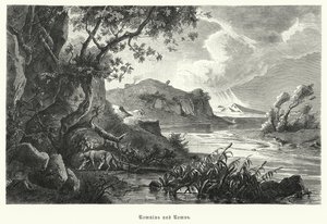 Romulus og Remus, legendariske grunnleggere av det gamle Roma, blir die av ulven i villmarken (gravering) av German School