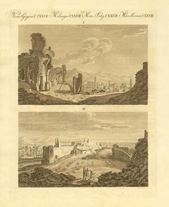Ruinene av gamlebyen Sagunto i Spania (farget gravering) av German School