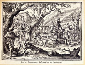 Bygdefolk i middelalderen. Tysk gravering fra 1700-tallet. Anonym. Bibl. av Deco Arts. av German School