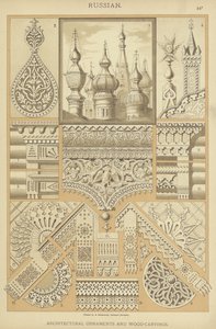 Russiske, arkitektoniske ornamenter og treskjæringer (farge litho) av German School