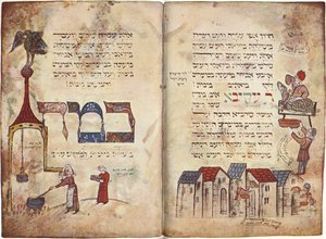 Offeret av påskelammet og avsnitt fra Rabbi Akiva, 2. Mosebok 12, vers 22, Haggadah (vellum) av German School