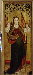 Den hellige Katarina av Alexandria (cirka 290-307) (Saint Katarina). Bærer en del av torturhjulet fra hans martyrium. Maleri av en westfalsk mester (aktiv mellom 1470 og 1480), olje på tre, ca 1470-1480. tysk kunst av German School