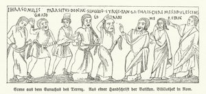Scene fra Eunuchus (The Eunuch), komedie av den romerske dramatikeren Terence (litho) av German School