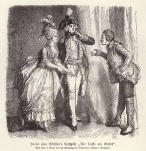 Scene fra Friedrich Schillers komedie Der Neffe als Onkel (Nevøen som onkel) (gravering) av German School