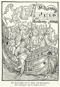 Scene fra Sebastian Brants satiriske allegori Ship of Fools (gravering) av German School