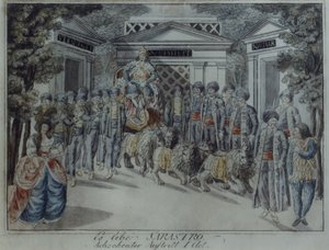 Scene fra Tryllefløyten av Wolfgang Amadeus Mozart (penn og blekk og wc på papir) av German School