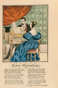 Scene som viser et par ved pianoet, med et kjærlighetsdikt skrevet under, fra Neuruppiner Bilderbogen, 1850 av German School