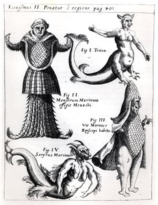 Sjømonstre, illustrasjon fra Physica Curiosa av Gaspar Schott S.J. (1608-66), utgitt Würzburg 1662 av German School
