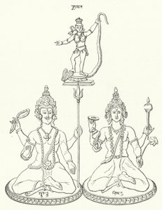 Shiva, Vishnu og Krishna, hinduistiske guder (gravering) av German School