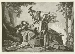 Siegfried vekker Brunhild (gravering) av German School