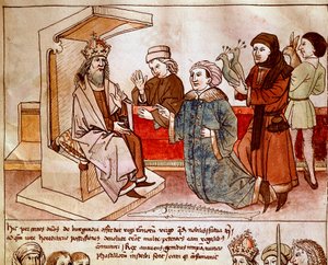 Sigismund I av Luxembourg (1368-1437), keiser av Det hellige rike mottar hyllest til de underdanige folkene. Miniatyr fra "Chronicles of the Council of Constance" av Ulrich Richental (1360-1437) 1438 omtrent Praha, nasjonalbiblioteket av German School