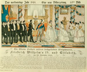 Sølvbryllupsjubileum for Frederick William IV av Preussen og hans kone Elizabeth Ludovika fra Bayern, 1848 (farge litho) av German School