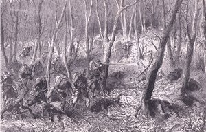 Tredning i skogen utenfor Paris, Cassells historie om krigen mellom Frankrike og Tyskland utgitt av Cassell and Company Limited, ca. 1890 (litho) av German School