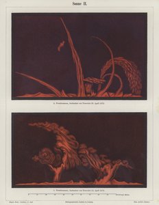 Solprominenser observert av den franske kunstneren og astronomen Etienne Leopold Trouvelot 15. og 29. april 1872 (farge litho) av German School