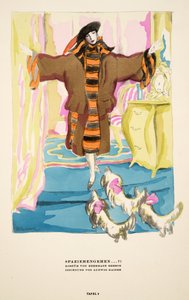 «Spazierengehen …!», reklame for kostyme av Hermann Gerson, fra Styl, utgitt 1922 (pochoir-trykk) av German School