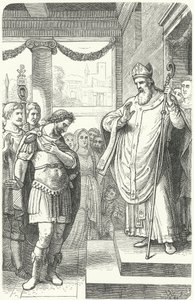 St Ambrosius hindrer den romerske keiseren Theodosius I fra å gå inn i katedralen i Milano som straff for massakren i Thessalonica, 390 (gravering) av German School