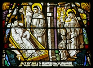 St. Bernard kurerer en syk mann som deretter ønsker å bli med i ordenen - men blir sendt bort, ca. 1500 (farget glass) av German School