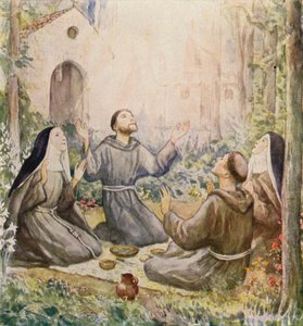Frans av Assisi og Klara av Assisi spiser måltidet utenfor Maria av englenes kirke (fargelitografi) av German School