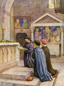 Frans leser fra evangeliene (fargelitografi) av German School