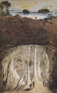 Drypsteinsstein og stalagmitter i en hule (farge litho) av German School