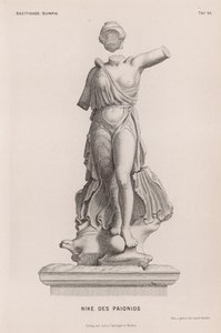 Statue av Nike, eldgammel gresk seiersgudinne, av Paionios, gravd ut ved Olympia, Hellas (gravering) av German School