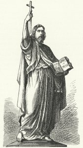 Statue av St Boniface (c675-754), angelsaksisk misjonær til de germanske delene av det frankiske riket, i Fulda (gravering) av German School