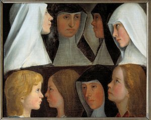Studier av postulante og nybegynnere nonner av Saint Benedict Order Maleri av den tyske skolen på 1800-tallet Roanne, museum Joseph Dechelette - Studier av religiøse postulanter og noviser av Saint Benedict Order. Maleri av den tyske Schoo av German School