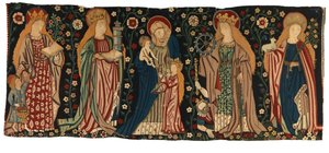Tapestry antependium som viser St. Anne, Jomfruen og Kristus, og fire kvinnelige helgener, fra Midt-Rheinland av German School