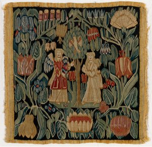 Putetrekk av billedvev som viser Bebudelsen, fra Niedersachsen eller Danmark, etter 1600 (ull) av German School