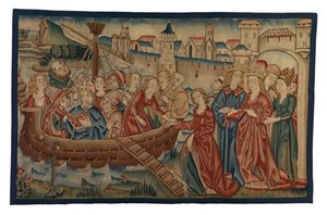 Tapetpanel som viser møtet mellom St. Ursula og Prince Artherius i Mayence, fra Midt-Rheinland, slutten av 1400-tallet (ull og metalltråd) av German School