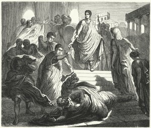 Tarquinius Superbus myrder sin svigerfar, Servius Tullus, for å kreve den romerske tronen (gravering) av German School
