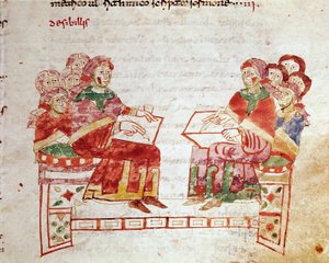 Undervisningsscene i en miniatyrskole hentet fra bindet "de Gymnasium" i "De Universo" (eller De rerum naturis (De la Nature des choses)) (cod. 132) av Rabanus Maurus Magnentius (eller Raban Maur eller Rabano Mauro) ( ca. 780-856). 9. århundre. Arkiv av av German School