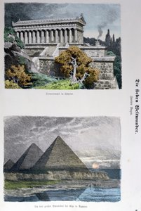 Diana-tempelet i Efesos og pyramidene i Giza, fra en serie av verdens syv underverker publisert i Munchener Bilderbogen, 1886 (fargegravering) av German School