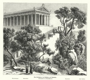 Poseidon-tempelet, Kalaureia, Hellas, hvor Demosthenes tok helligdom før han tok gift i 322 f.Kr. (gravering) av German School