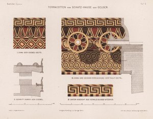 Terrakotta-dekorasjoner fra skattkammeret i Gela, Olympia, Hellas (farge litho) av German School